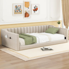 Twin XL Size Upholstery Daybed and Side Storage pocket,Beige