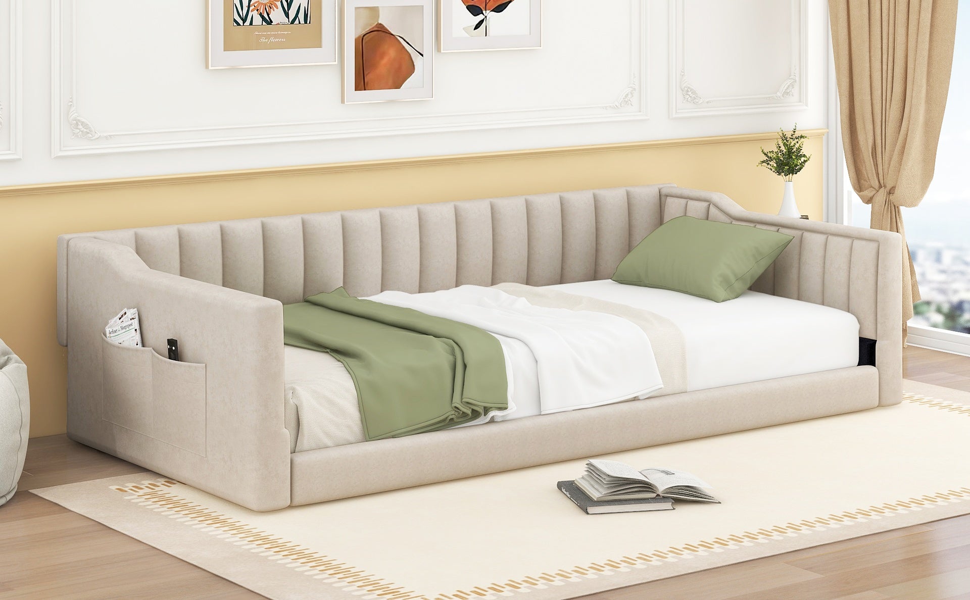 Twin XL Size Upholstery Daybed and Side Storage pocket,Beige