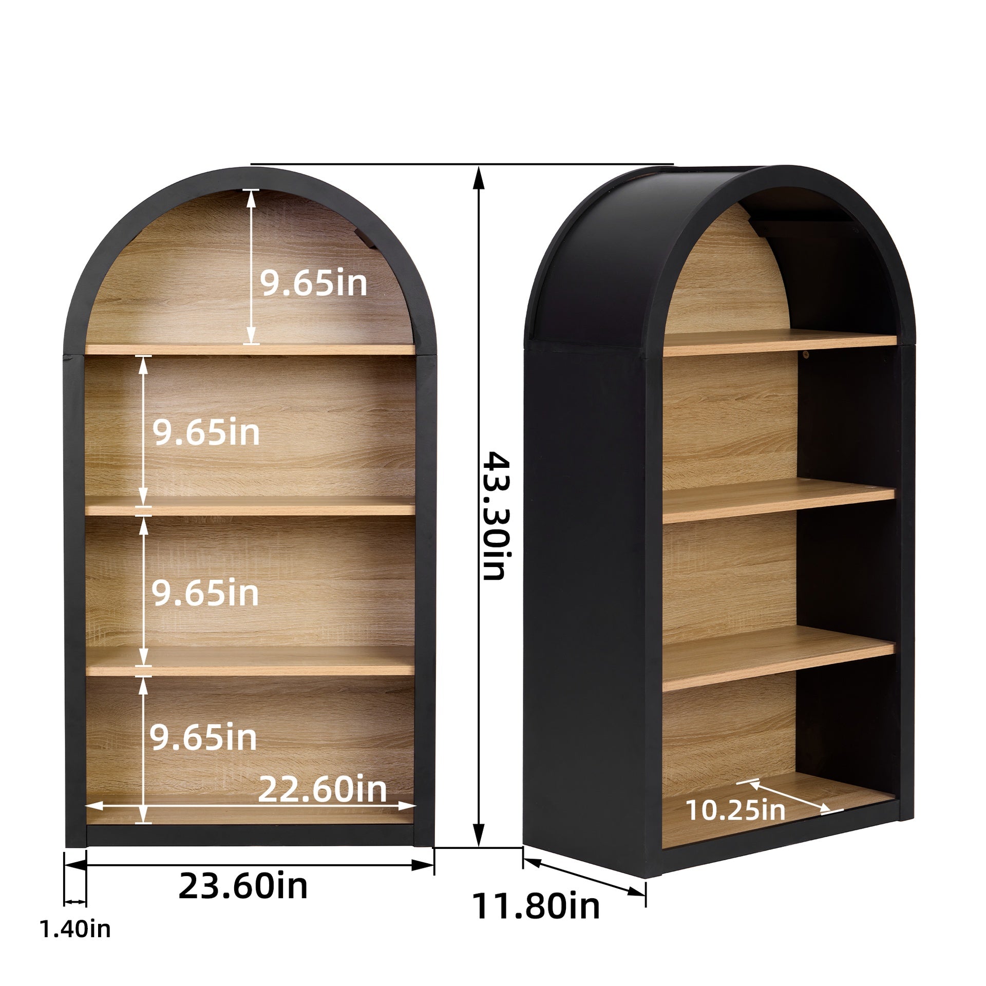 4-Tier Black Arched Bookshelf, 43" Tall Arched Bookcase with Storage Shelves
