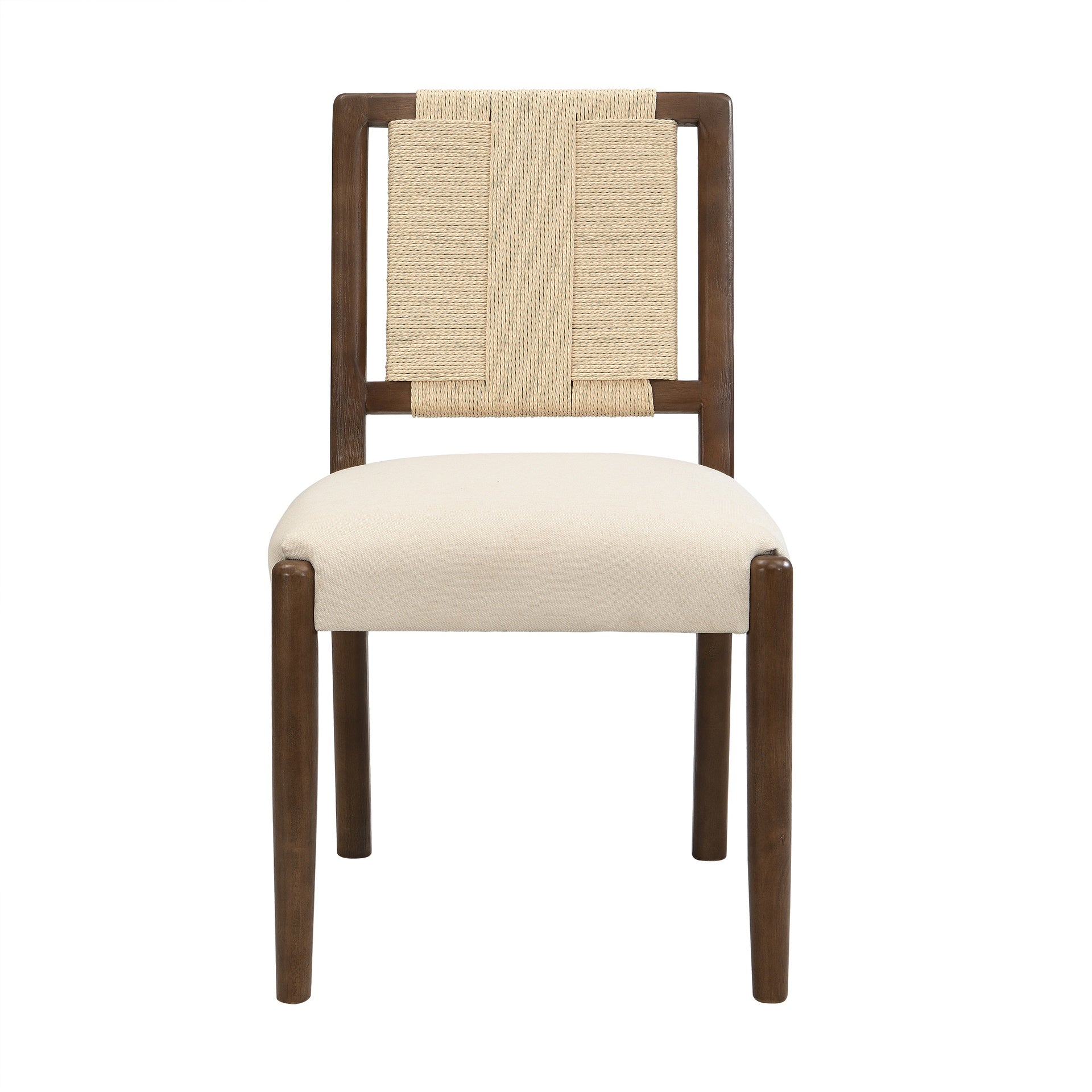 Upholstered dining chair with woven rope backrest Set of 2-walnut+Beige