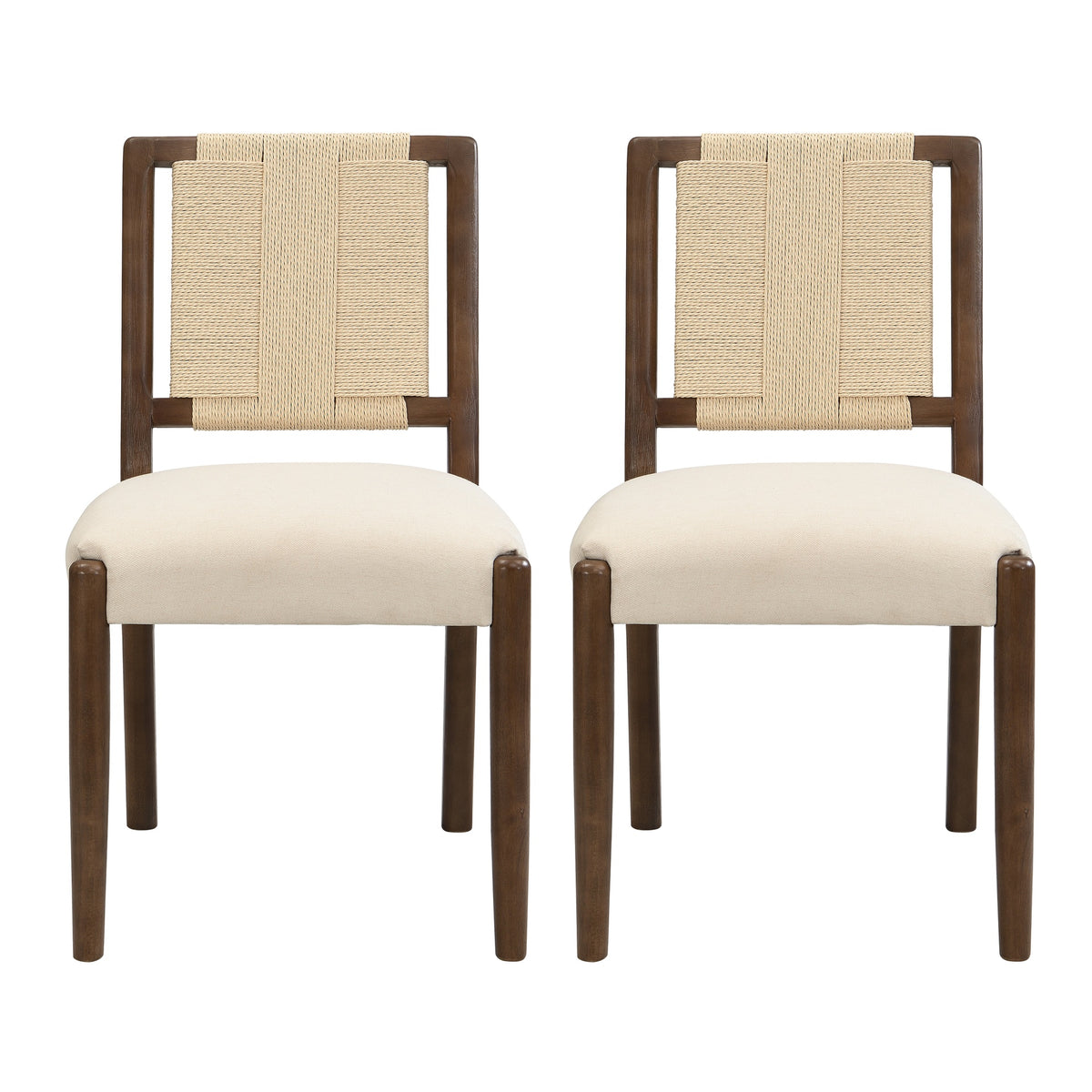 Upholstered dining chair with woven rope backrest Set of 2-walnut+Beige