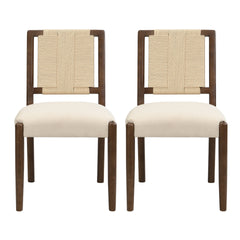 Upholstered dining chair with woven rope backrest Set of 2-walnut+Beige