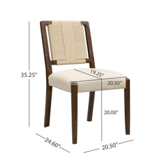 Upholstered dining chair with woven rope backrest Set of 2-walnut+Beige