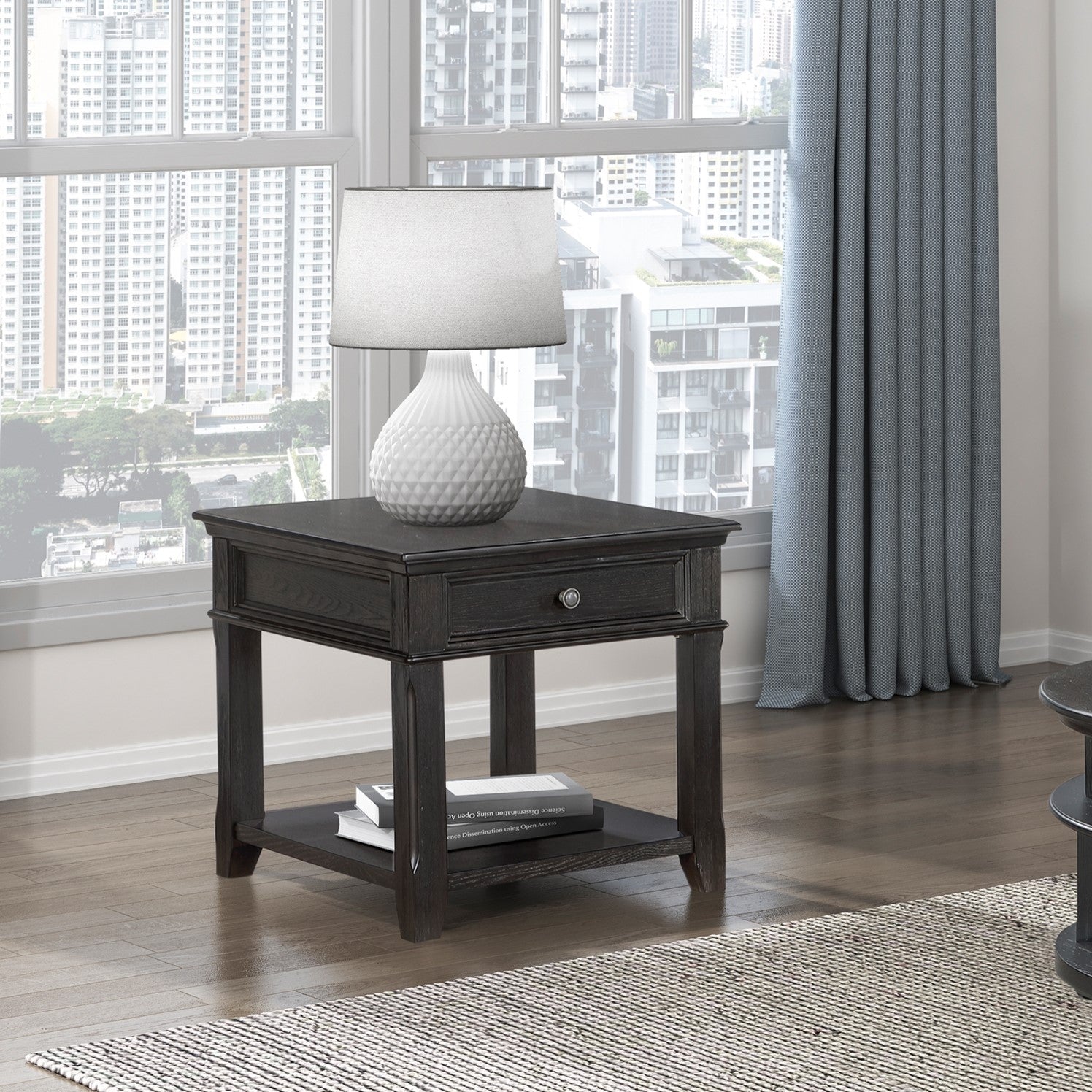 Living Room End Table with Drawer Shelf Charging Ports Charcoal Finish Classic Durable Wooden 1pc