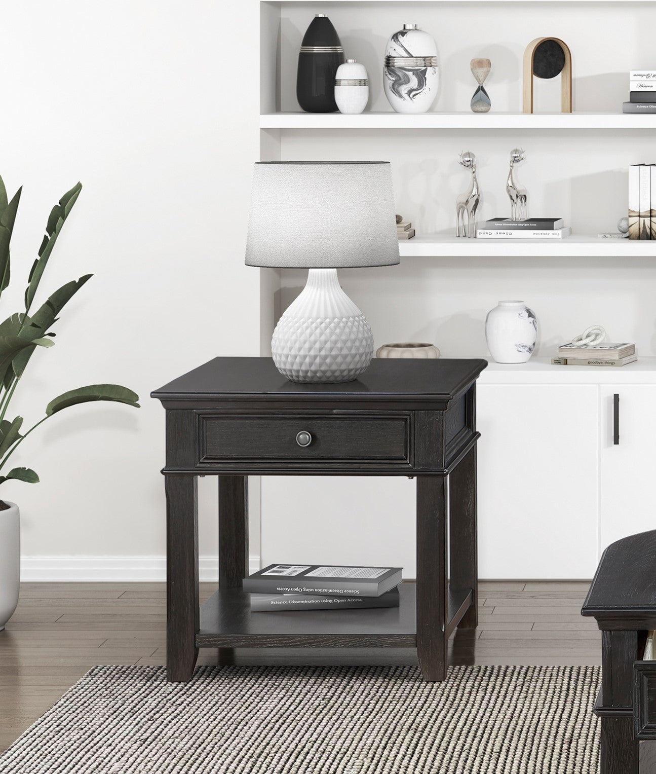 Living Room End Table with Drawer Shelf Charging Ports Charcoal Finish Classic Durable Wooden 1pc