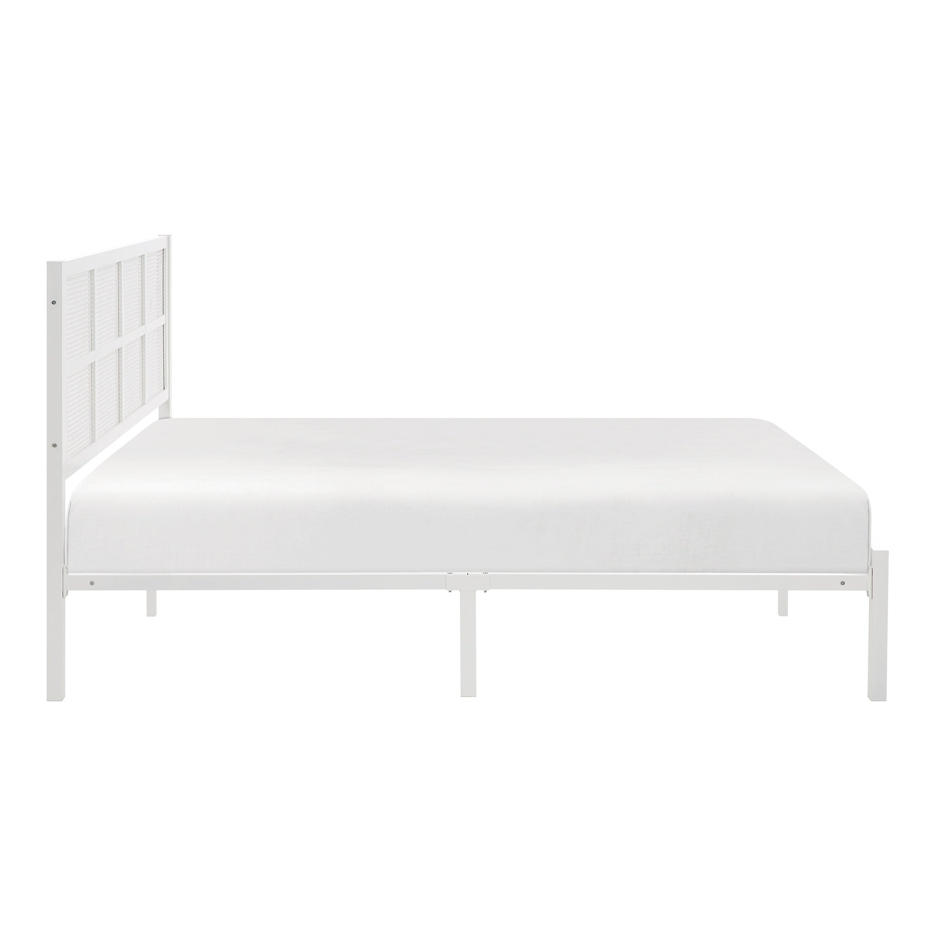 1pc Eastern King Platform Bed, Metal Frame White Finish Faux Cane Panel Headboard Casual Coastal Bedroom Furniture, Bed in a Box