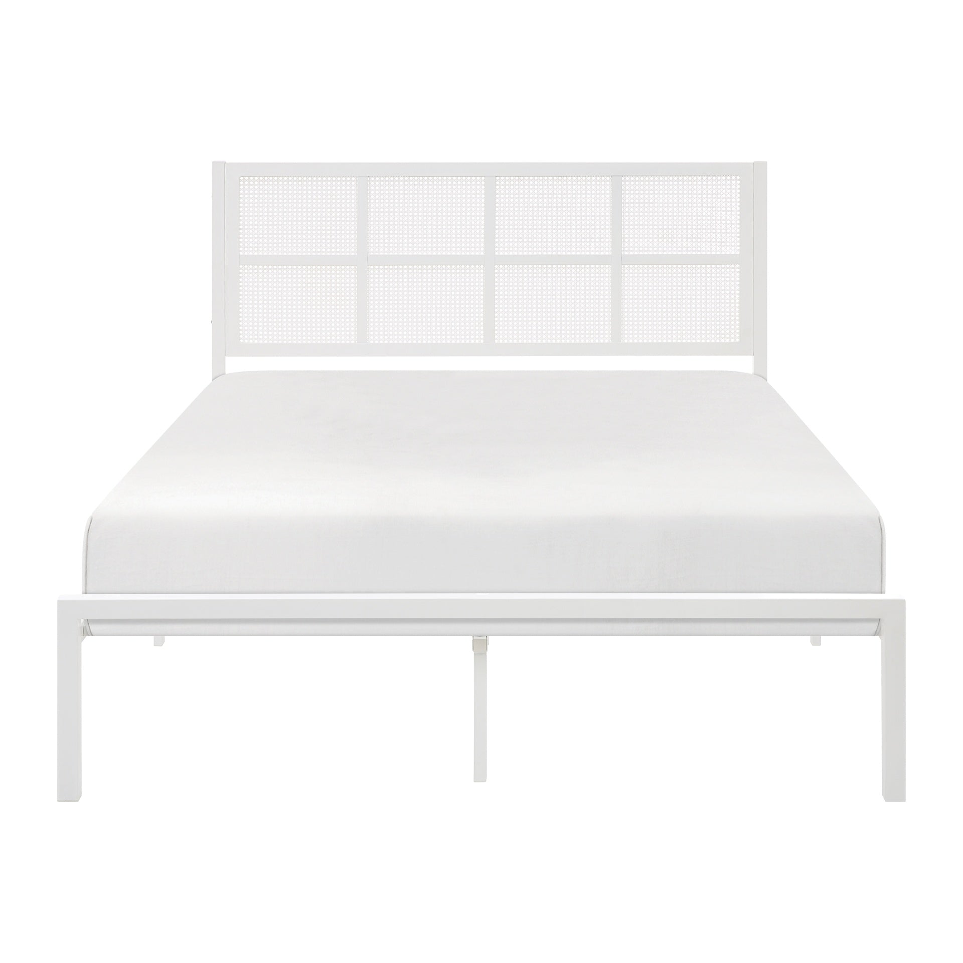 1pc Eastern King Platform Bed, Metal Frame White Finish Faux Cane Panel Headboard Casual Coastal Bedroom Furniture, Bed in a Box