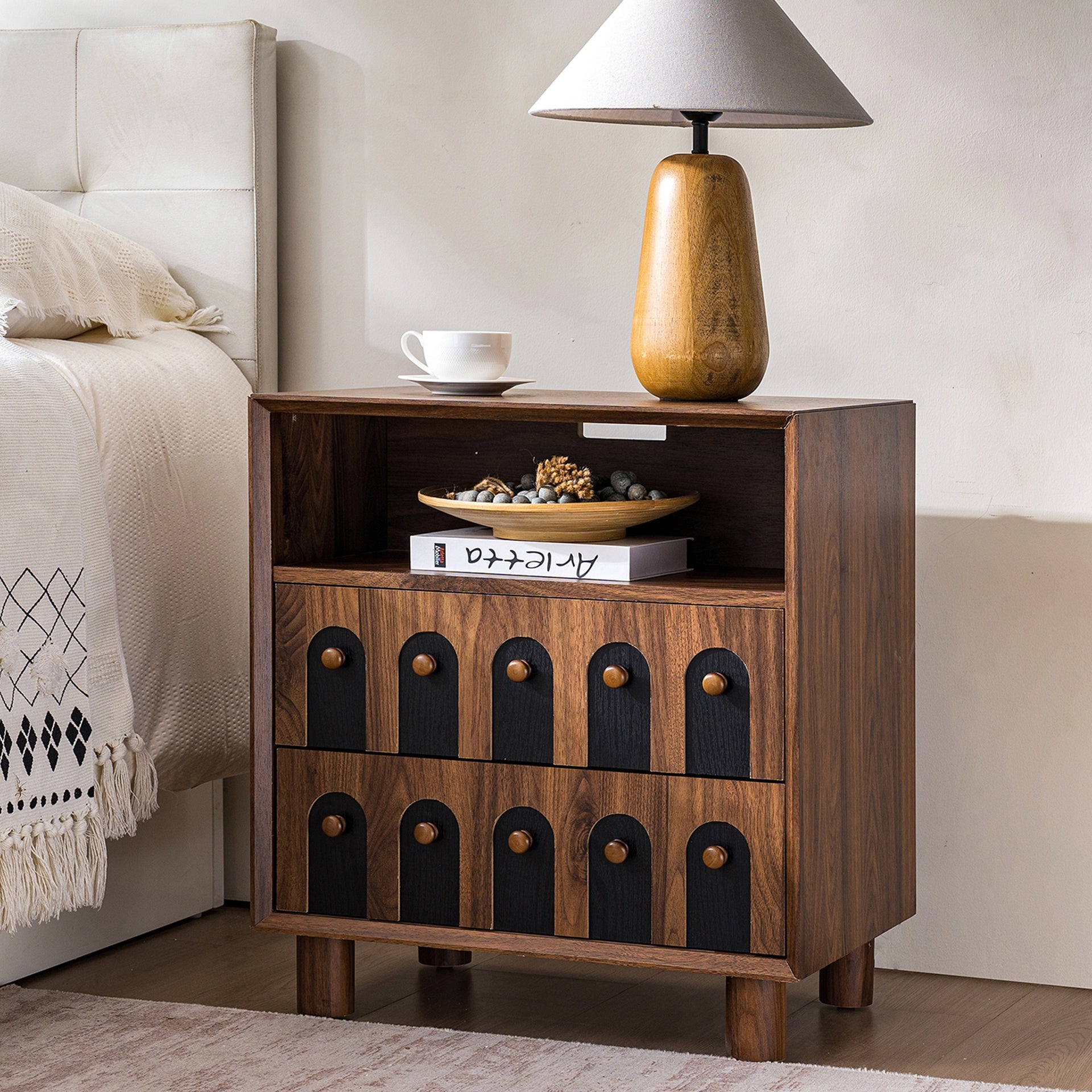 26" Tall Modern Nightstand with Charging Station, 23.75'' Wide Wood Bedside Table w/2 Storage Drawers, Large Mid Century End Table for Bedroom, Living Room, Curve mirror Design