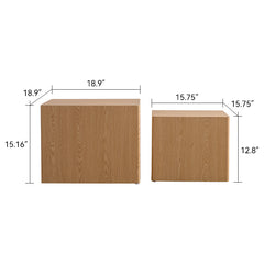Set of 2 Natural Wood Nesting Cube Coffee Table Set, Modern MDF Wood Grain Sticker Side Tables for Small Spaces - Fully Assembled, Living Room/Bedroom End Tables