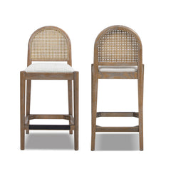 Panama 26.5" Curved Back Cane Rattan Counter Stool, Set of 2, Two-Tone Neutral Gray Polyester Wool Blend