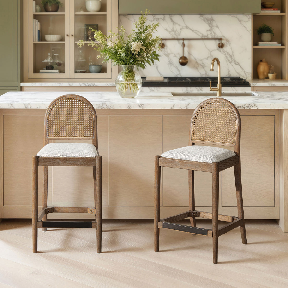 Panama 26.5" Curved Back Cane Rattan Counter Stool, Set of 2, Two-Tone Neutral Gray Polyester Wool Blend