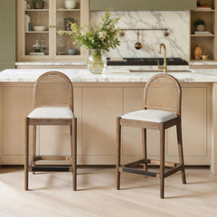 Panama 26.5" Curved Back Cane Rattan Counter Stool, Set of 2, Two-Tone Neutral Gray Polyester Wool Blend
