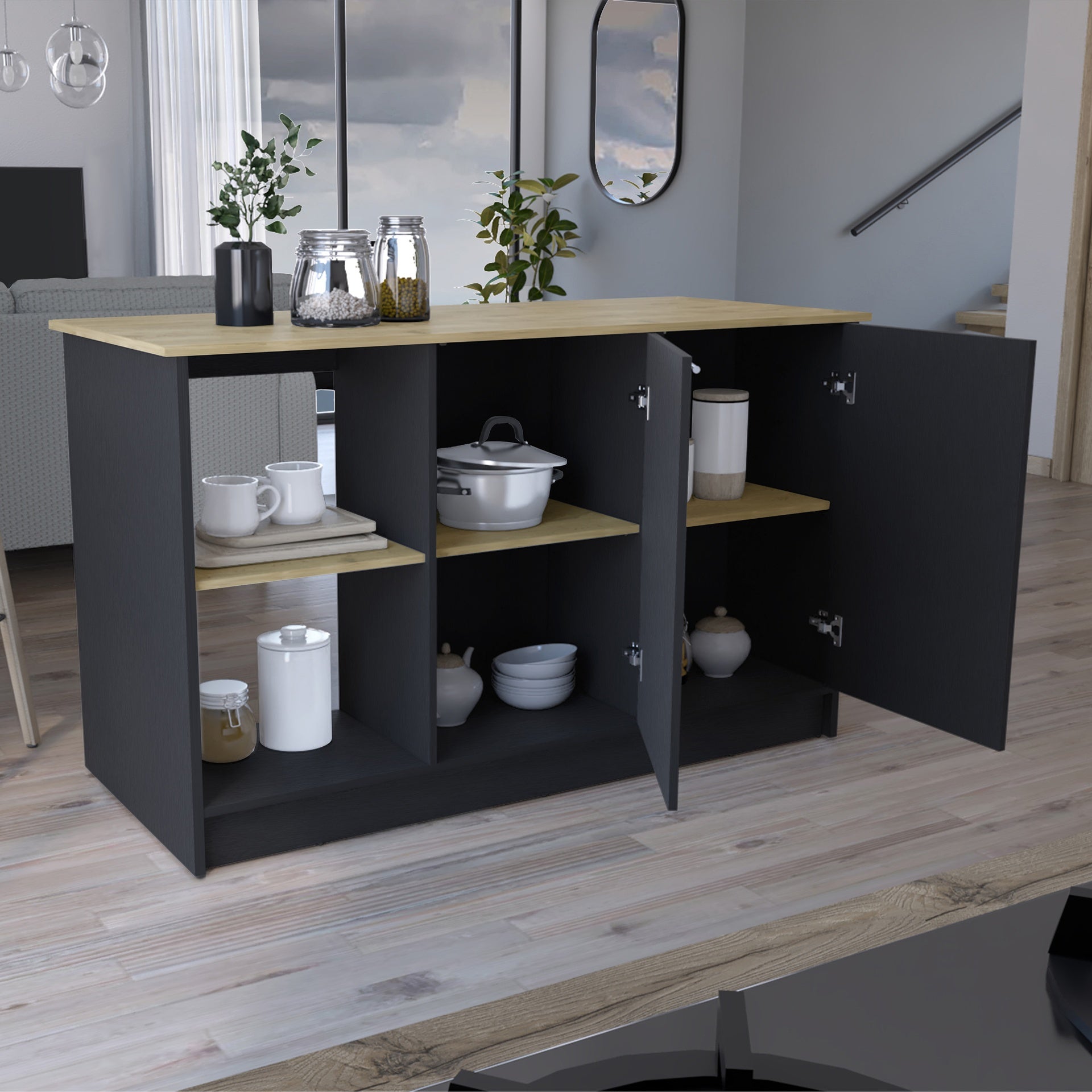 Juniper Kitchen Island with Large Top Surface, Double Door Cabinet, and Open Shelves Black / Macadamia