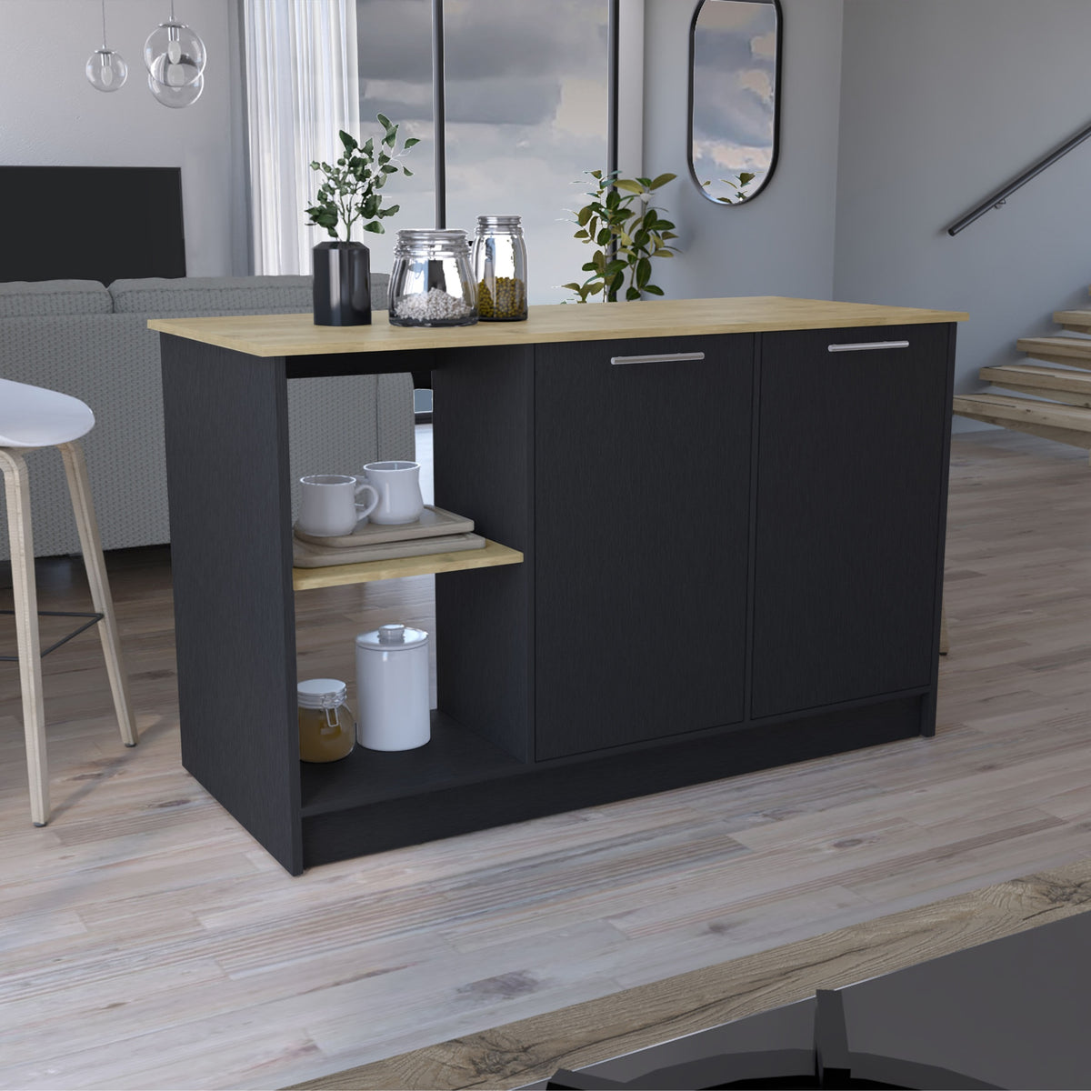 Juniper Kitchen Island with Large Top Surface, Double Door Cabinet, and Open Shelves Black / Macadamia