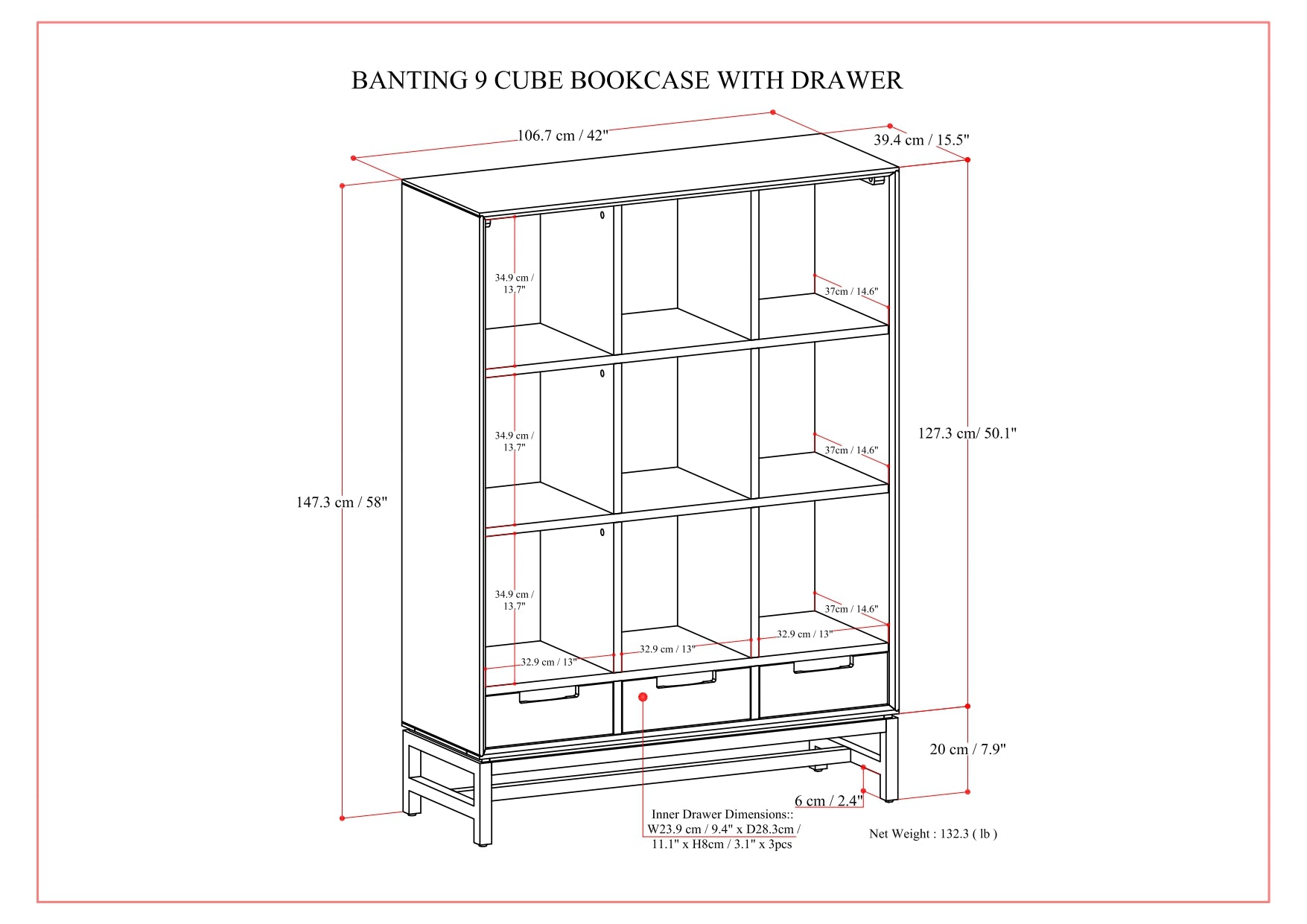 Banting 9 Cube Bookcase with Drawers