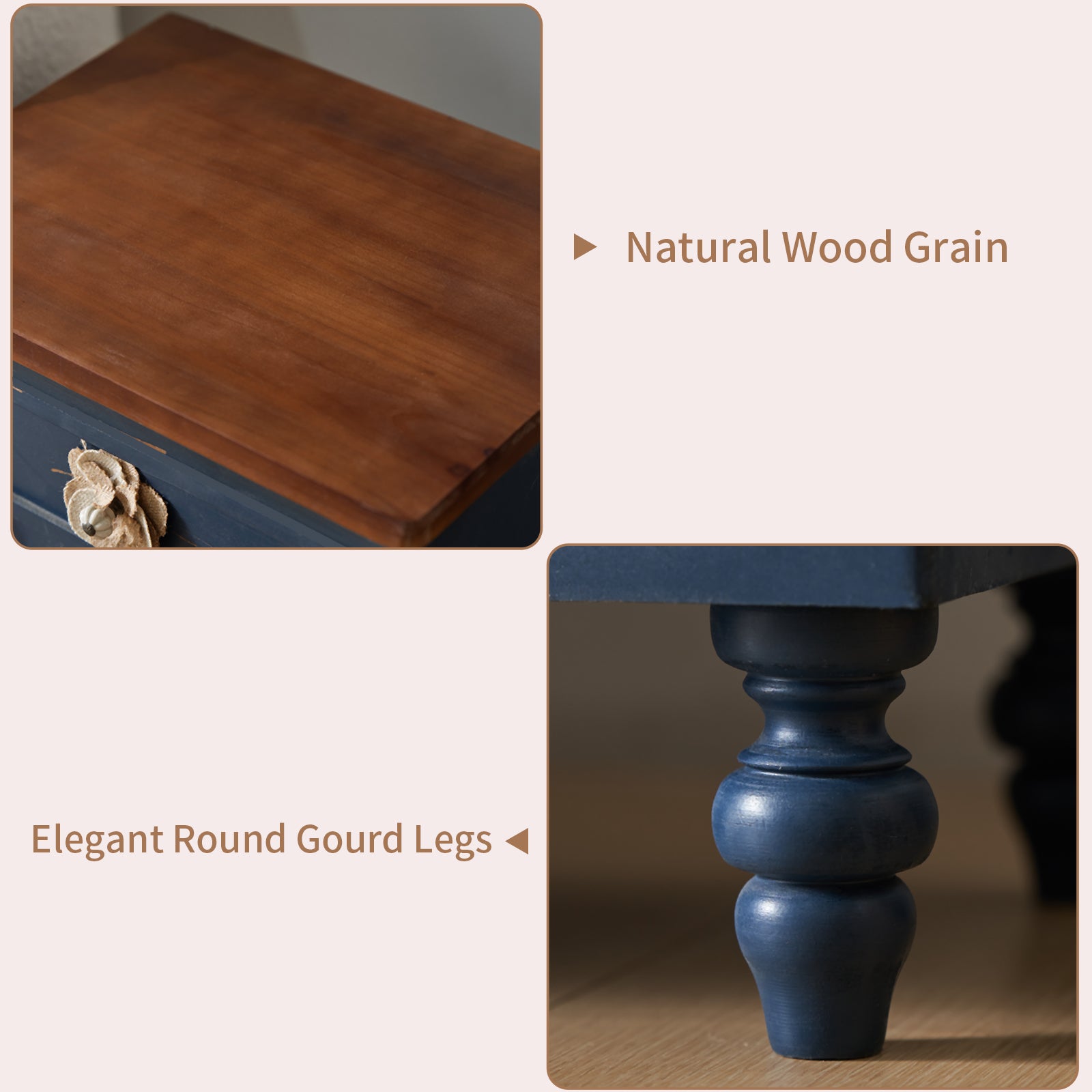 Vintage Farmhouse End Table with Floral Knobs – 19" Rustic Nightstand with 3 Drawers & Gourd Legs,Bedside or Sofa Accent Table, Almost Fully Assembled, Blue
