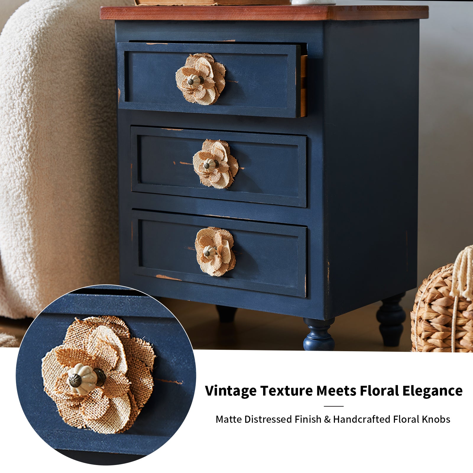Vintage Farmhouse End Table with Floral Knobs – 19" Rustic Nightstand with 3 Drawers & Gourd Legs,Bedside or Sofa Accent Table, Almost Fully Assembled, Blue
