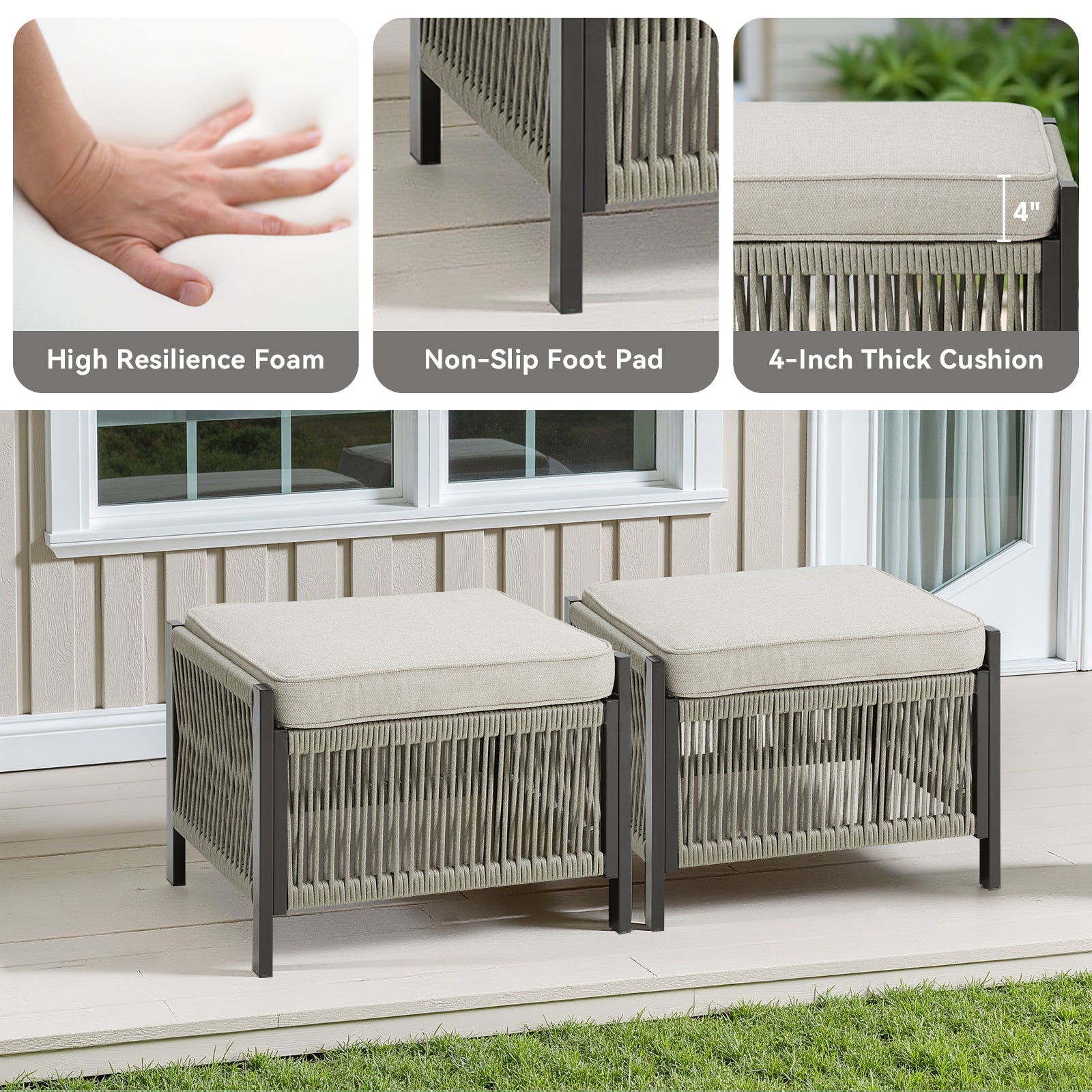 Outdoor PE Wicker Ottomans Set of 2, Patio Rattan Footrests with Beige Cushion for Backyard or Deck