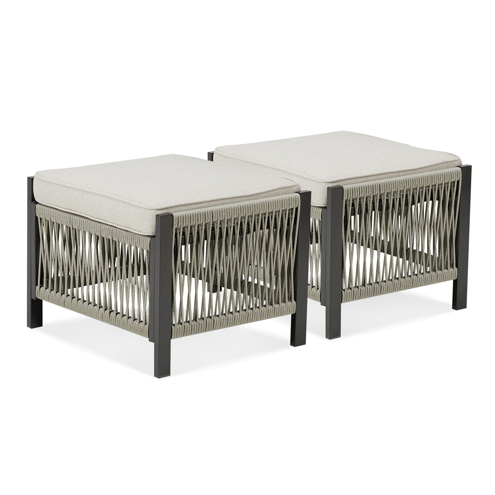Outdoor PE Wicker Ottomans Set of 2, Patio Rattan Footrests with Beige Cushion for Backyard or Deck