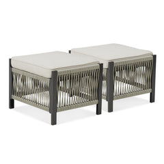 Outdoor PE Wicker Ottomans Set of 2, Patio Rattan Footrests with Beige Cushion for Backyard or Deck