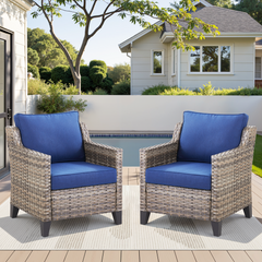 Outdoor Patio Arm Chairs Set of 2, Gray Wicker Furniture Patio Lounge Chairs Ideal for Porch, Poolside, Deck, and Yard in Blue
