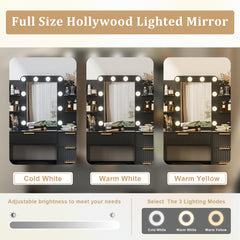 Vanity Table with Mirror and Lights, Vanity Desk and Cushioned Stool Set with Charging Station, Storage Drawers and Transparent Tabletop for Women Girls Bedroom, Black