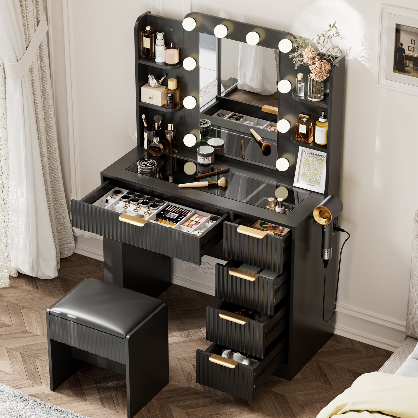Vanity Table with Mirror and Lights, Vanity Desk and Cushioned Stool Set with Charging Station, Storage Drawers and Transparent Tabletop for Women Girls Bedroom, Black
