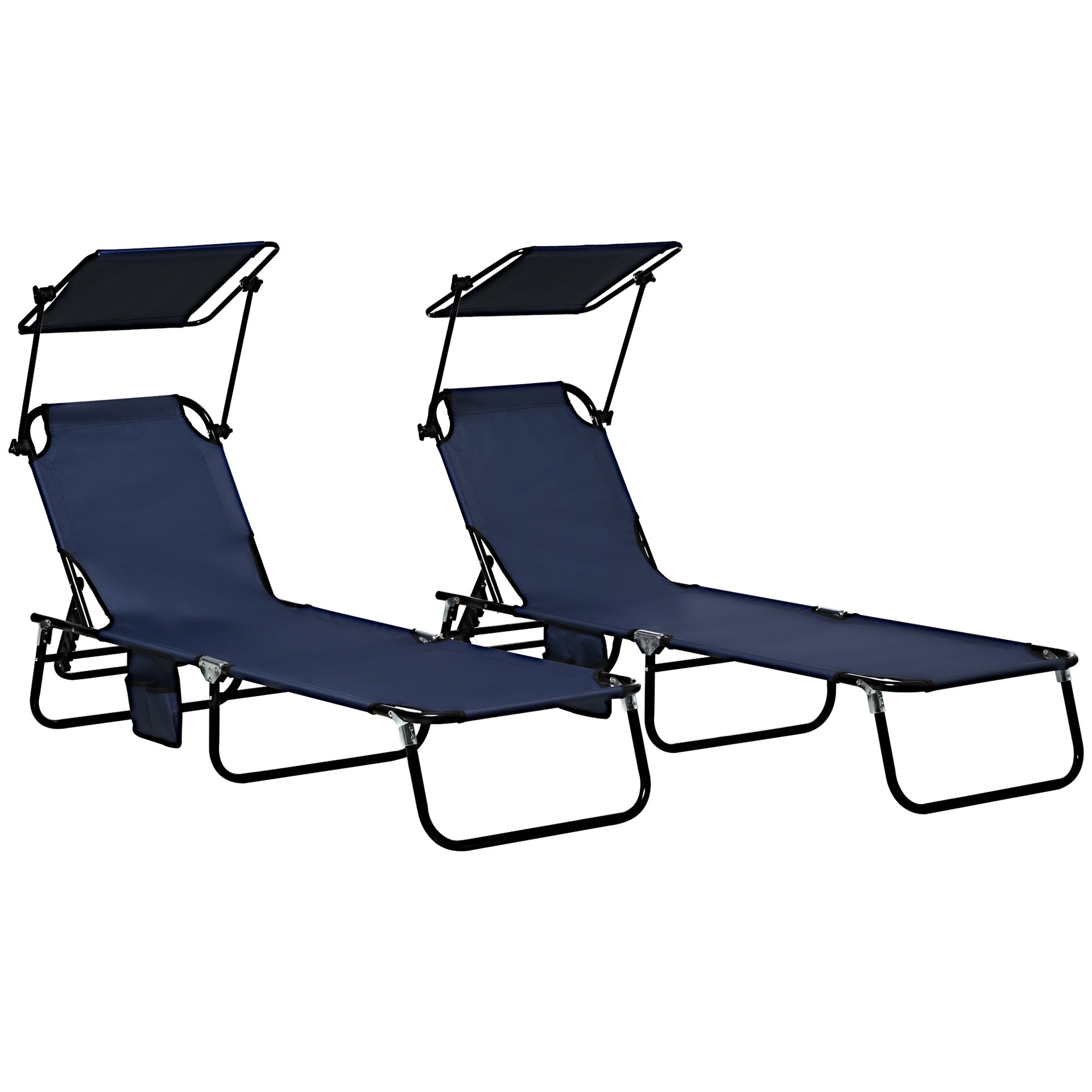 Outsunny Folding Chaise Lounge Pool Chairs, Outdoor Sun Tanning Chairs with Canopy Shade, Reclining Back, Steel Frame and Side Pocket for Beach, Yard, Patio, Dark Blue