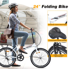 24 Inch Folding Bike for Adults with  Fenders, Steel Frame Single Speed City Commuter, Dual V-Brake Portable Compact Bicycle for Men & Women