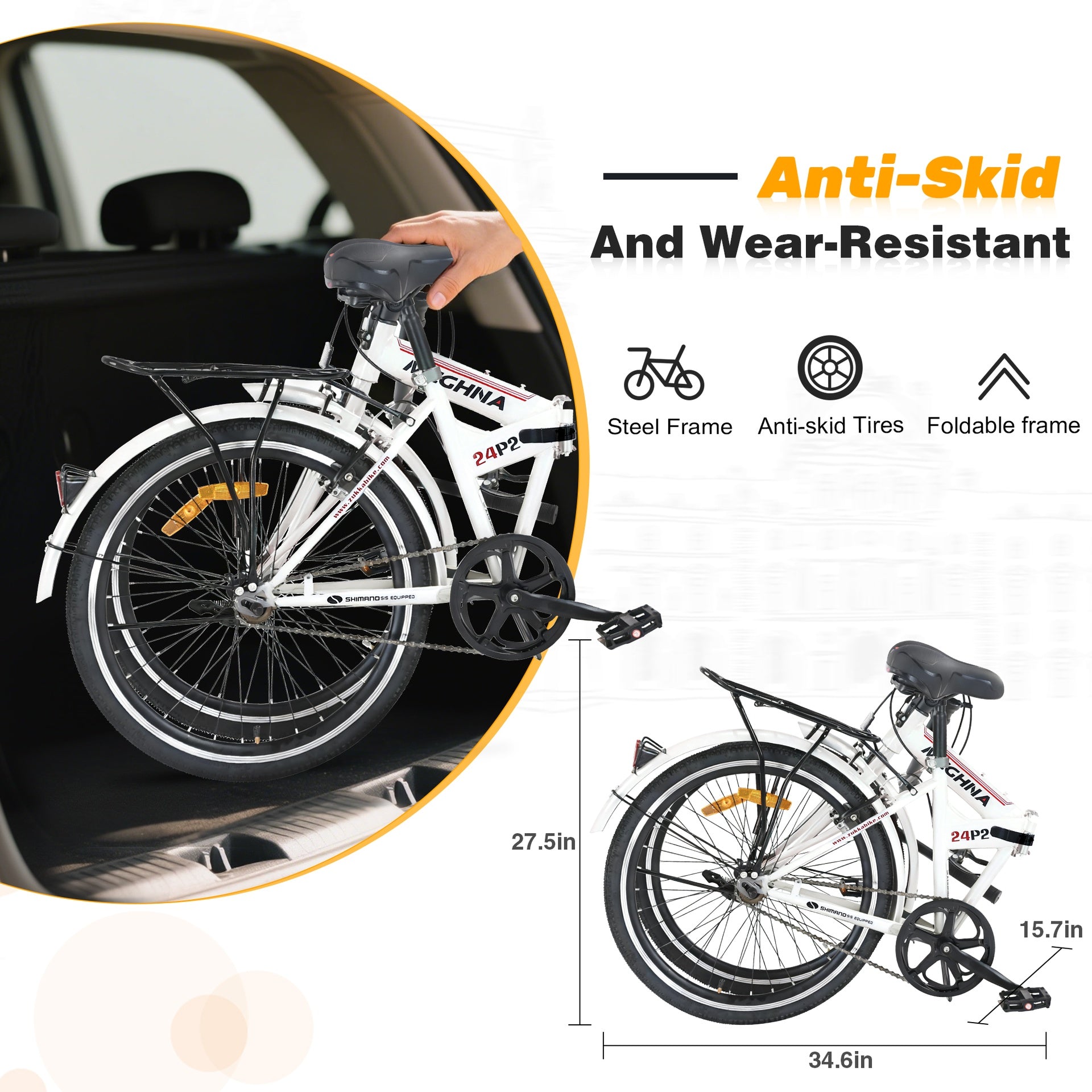 24 Inch Folding Bike for Adults with  Fenders, Steel Frame Single Speed City Commuter, Dual V-Brake Portable Compact Bicycle for Men & Women