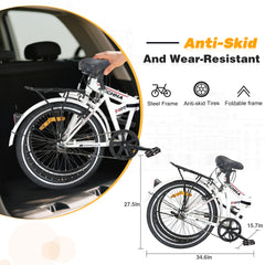 24 Inch Folding Bike for Adults with  Fenders, Steel Frame Single Speed City Commuter, Dual V-Brake Portable Compact Bicycle for Men & Women