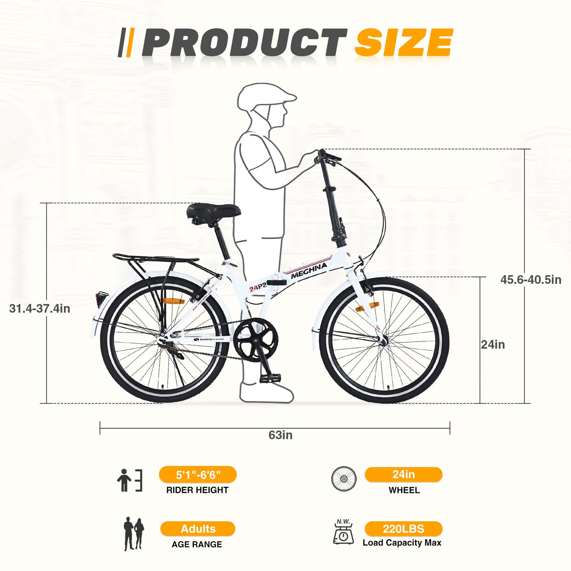 24 Inch Folding Bike for Adults with  Fenders, Steel Frame Single Speed City Commuter, Dual V-Brake Portable Compact Bicycle for Men & Women