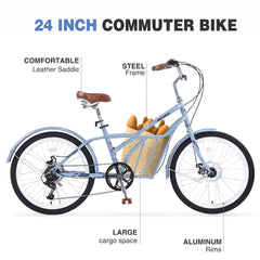 6 Speed, Steel Frame, Multiple Colors 24 Inch Bike,Commuter Bike for Adults