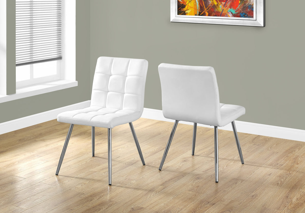 Dining Chair, Set Of 2, Side, Upholstered, Kitchen, Dining Room, White Leather Look, Chrome Metal, Contemporary, Modern