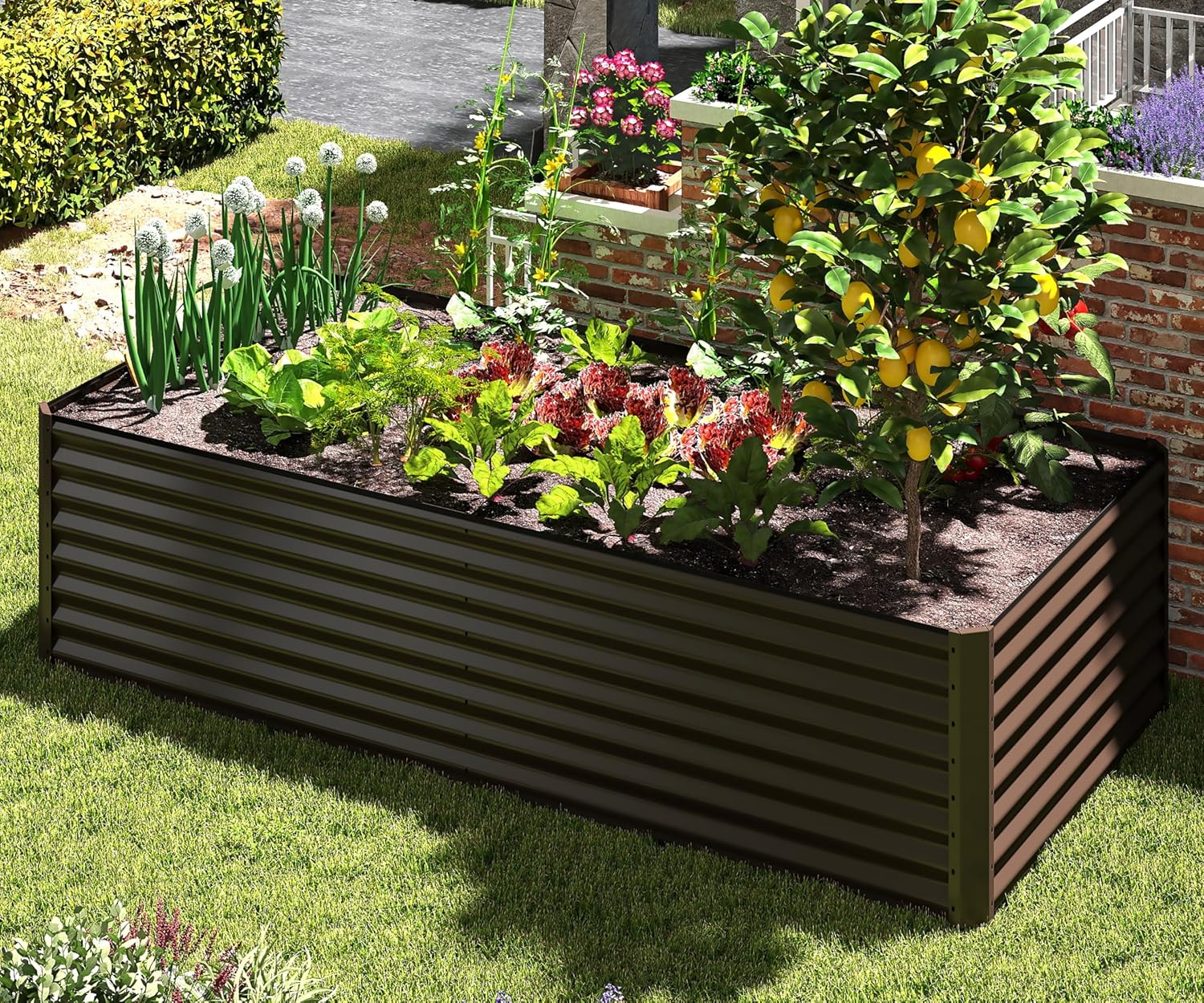 6x3x2ft Galvanized Raised Garden Bed, Outdoor Planter Garden Boxes Large Metal Planter Box for Gardening Vegetables Fruits Flowers, Brown