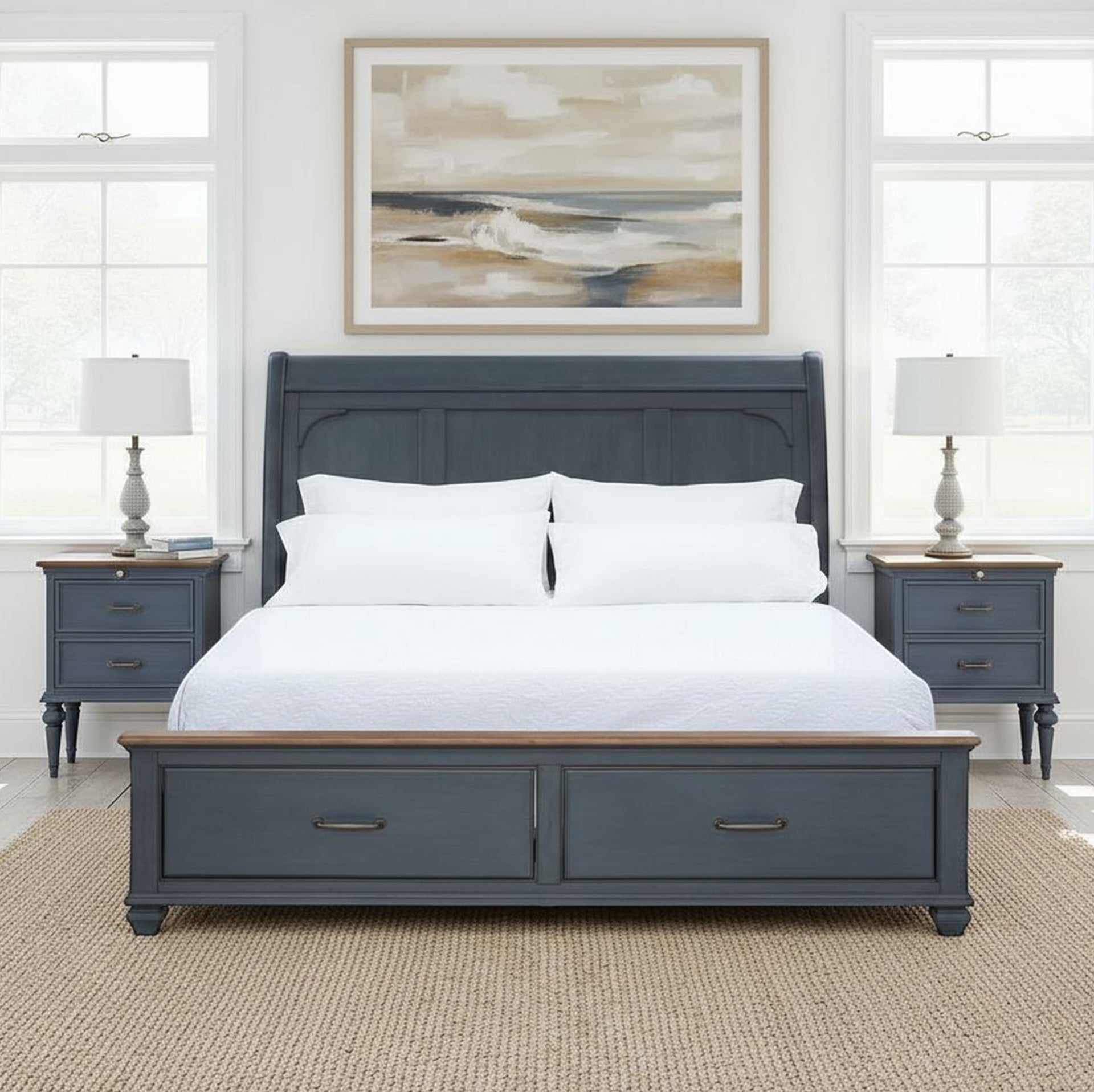 Queen Size Sleigh Bed, Corduroy Blue Finish