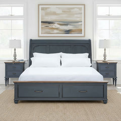 Queen Size Sleigh Bed, Corduroy Blue Finish