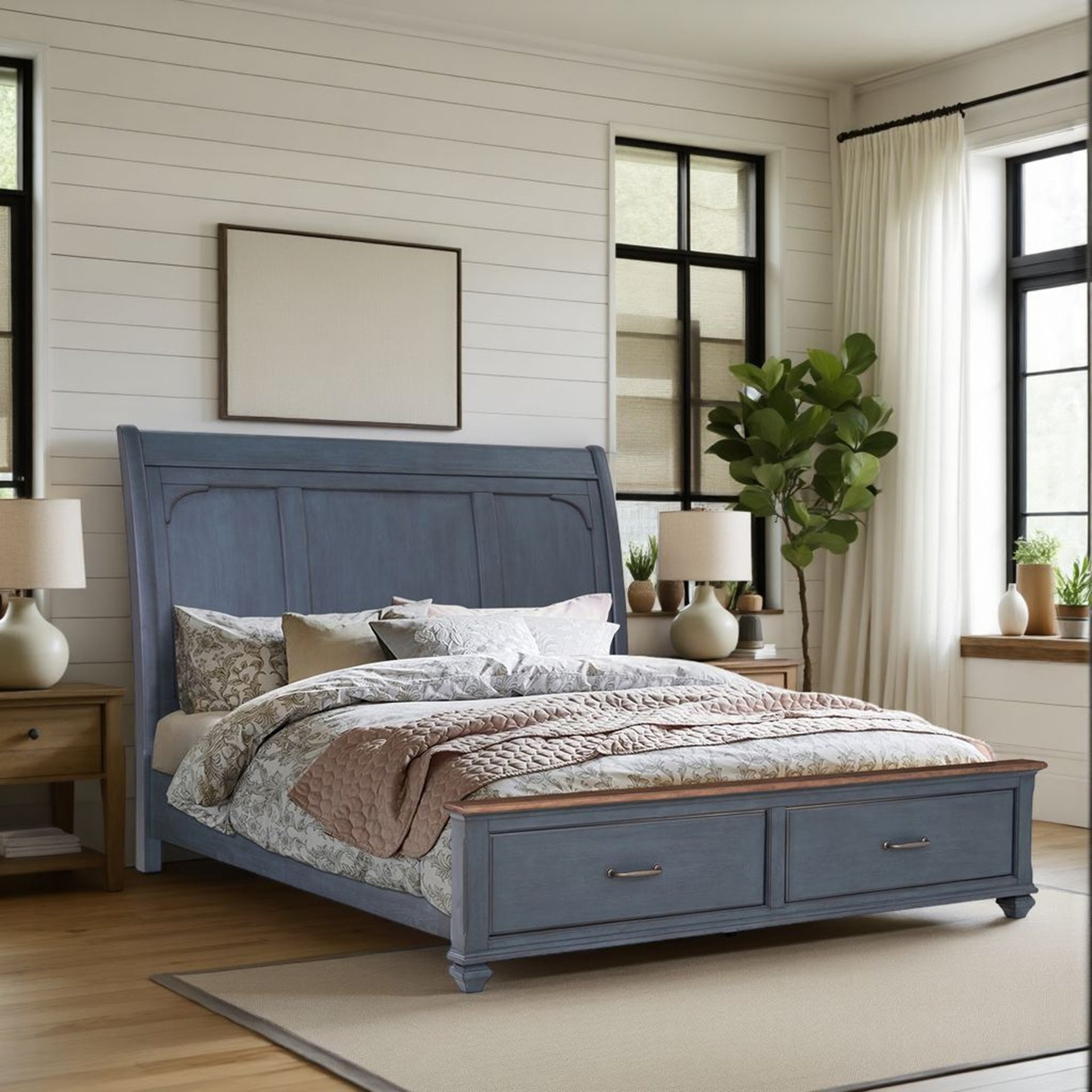 Queen Size Sleigh Bed, Corduroy Blue Finish