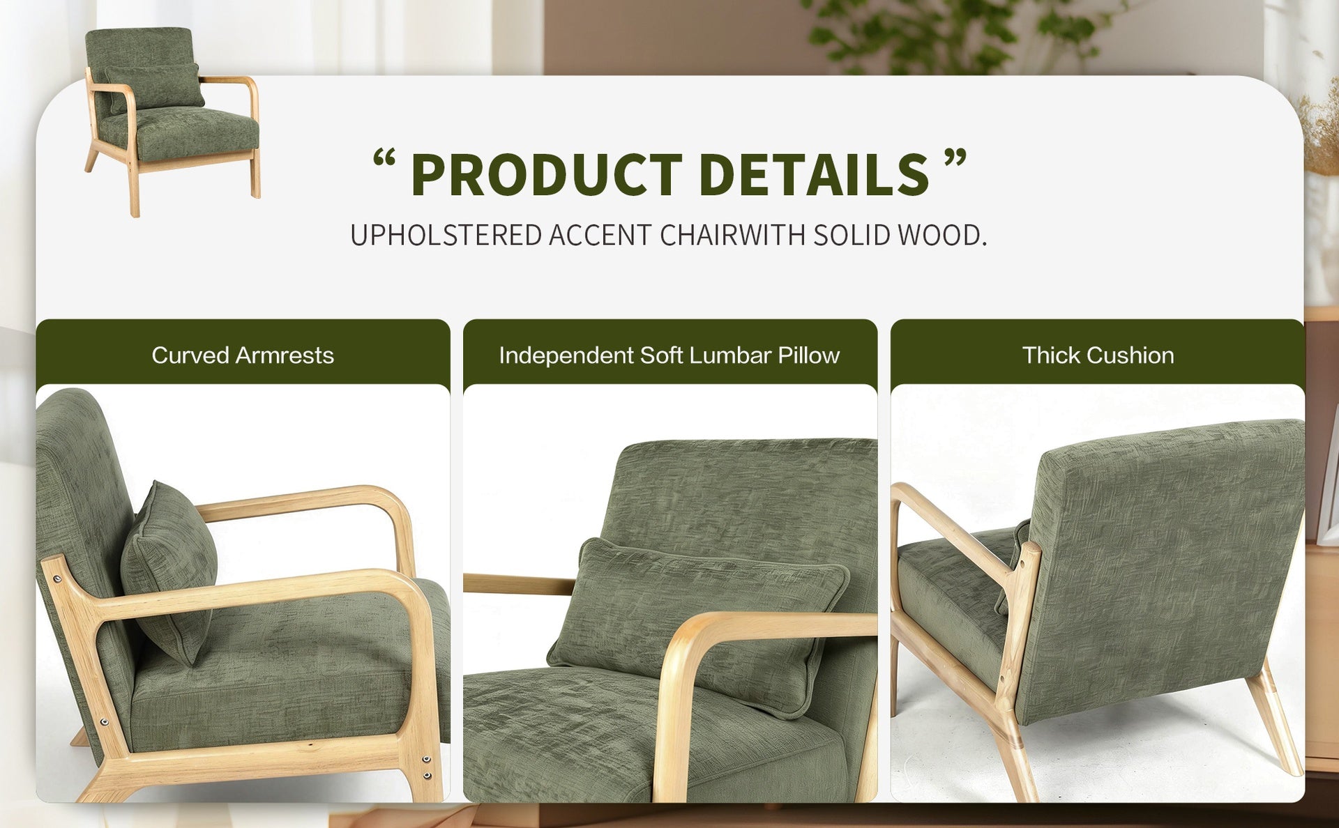 Mid Century Modern Armchair, Accent Chair with Solid Wood Frame and Detachable Lumbar Pillow for Living Room, Bedroom, Office(Army Green)
