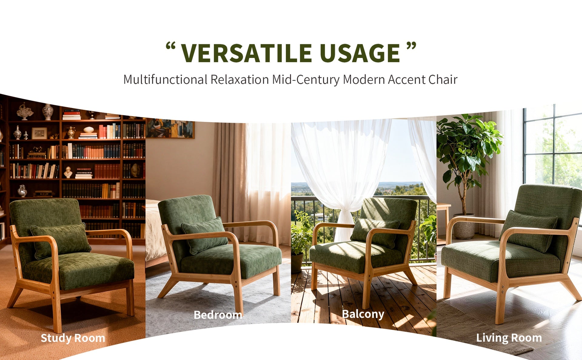 Mid Century Modern Armchair, Accent Chair with Solid Wood Frame and Detachable Lumbar Pillow for Living Room, Bedroom, Office(Army Green)