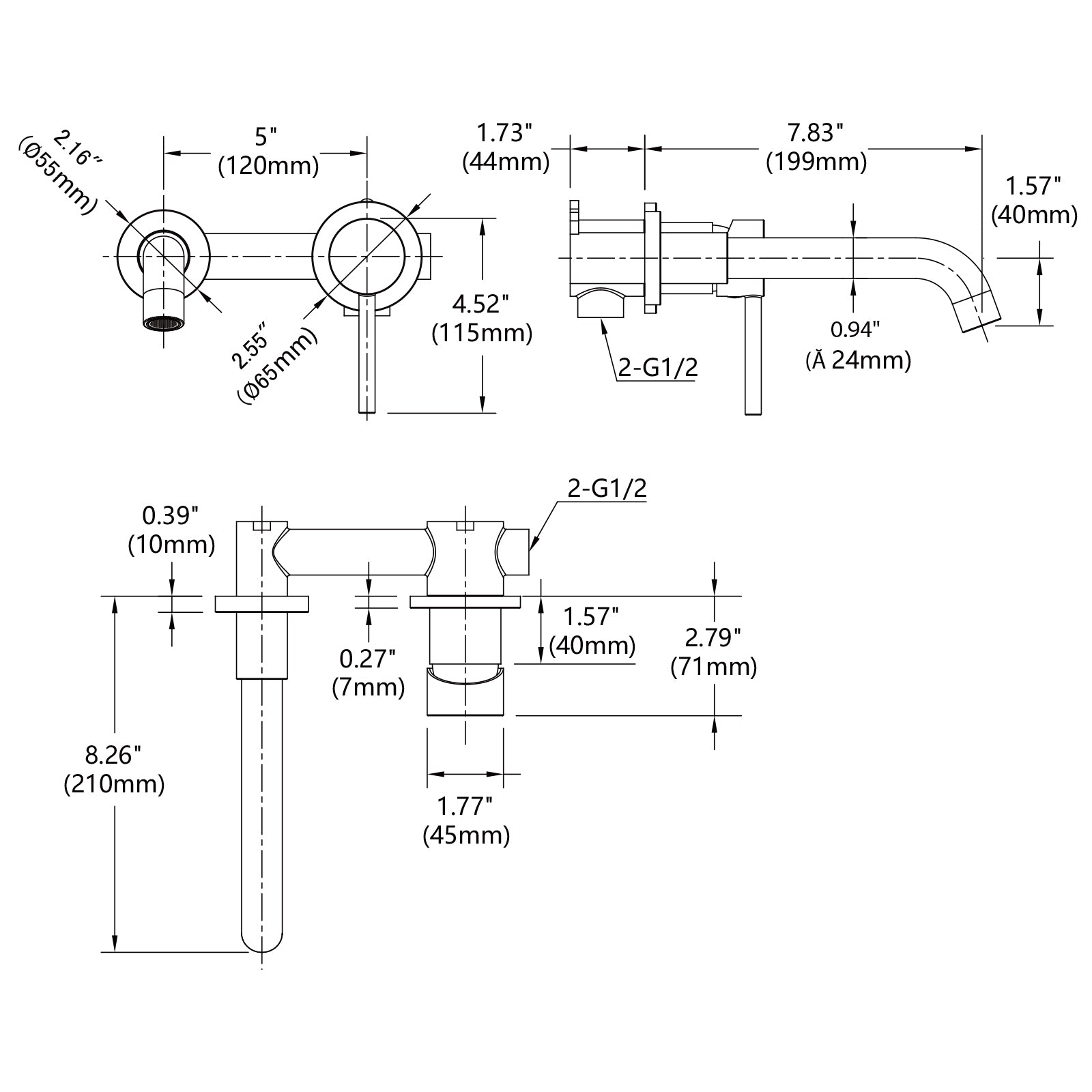 Wall Mount Faucet for Bathroom Sink or Bathtub, Single Handle 2 Holes Brass Rough-in Valve Included, Brushed Nickel