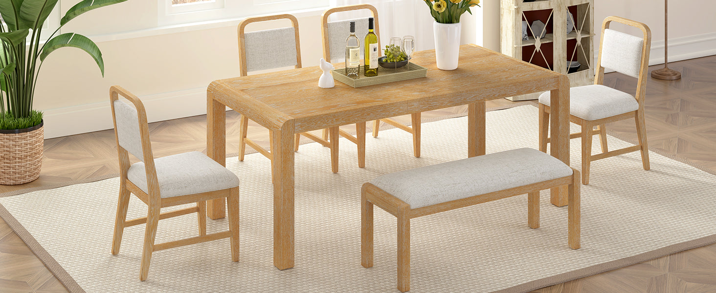 [Video Provided] TREXM Vintage Extendable Dining Table Set for 4-6 with 4 Upholstered Chairs and 1 Bench, Rustic Wire Brushed Kitchen Table Set with Curved Design for Dining Room and Kitchen (Natural)