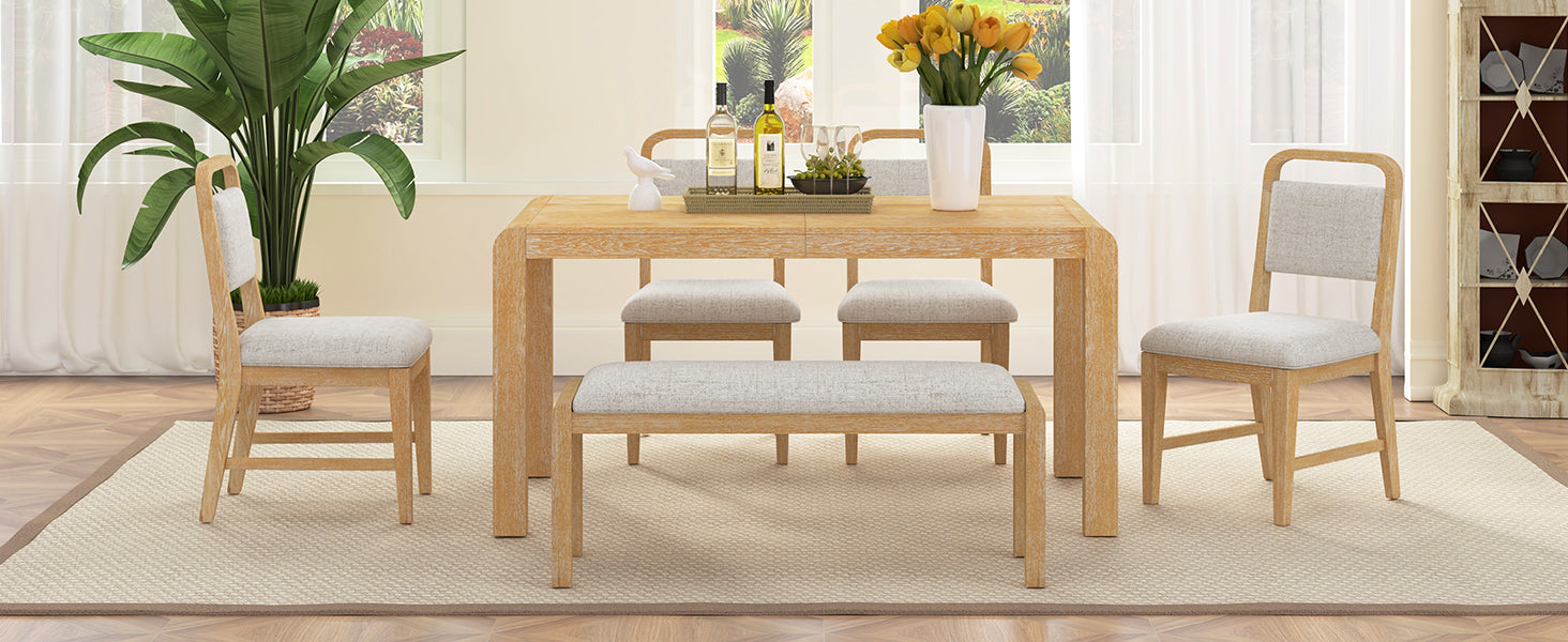 [Video Provided] TREXM Vintage Extendable Dining Table Set for 4-6 with 4 Upholstered Chairs and 1 Bench, Rustic Wire Brushed Kitchen Table Set with Curved Design for Dining Room and Kitchen (Natural)