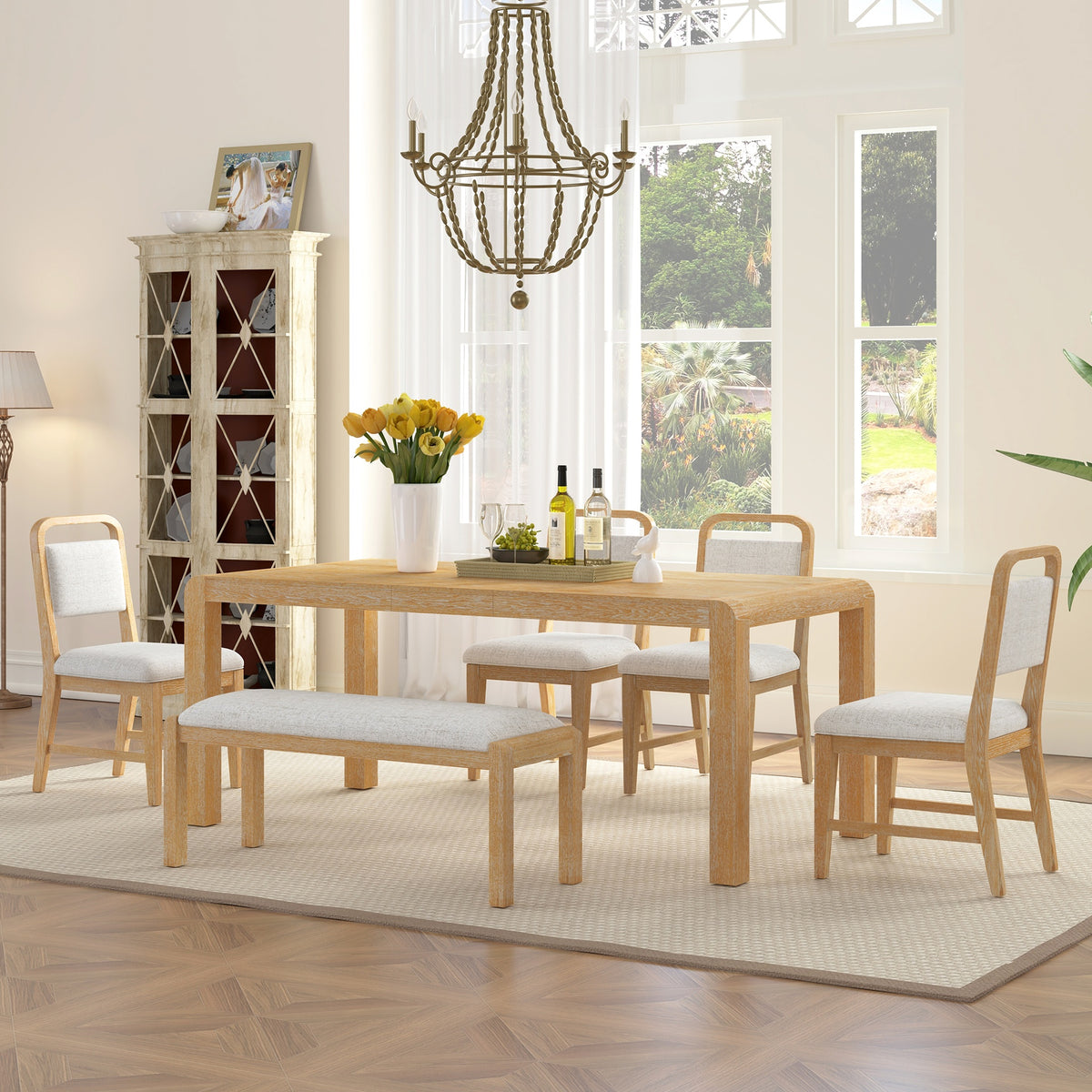 [Video Provided] TREXM Vintage Extendable Dining Table Set for 4-6 with 4 Upholstered Chairs and 1 Bench, Rustic Wire Brushed Kitchen Table Set with Curved Design for Dining Room and Kitchen (Natural)