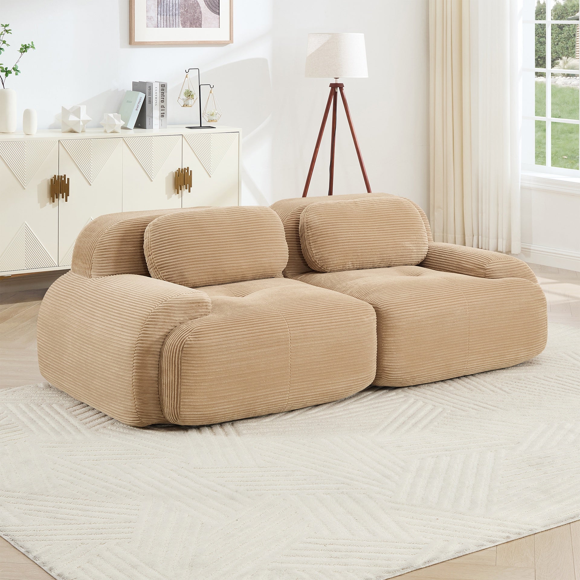 82'' 2-seat sofa in luxuryCorduroy Fabric modular for free combo separation curved armrests ,anti-slip design high-resilience sponge fits living rooms bedrooms Audiovisual Room,Camel