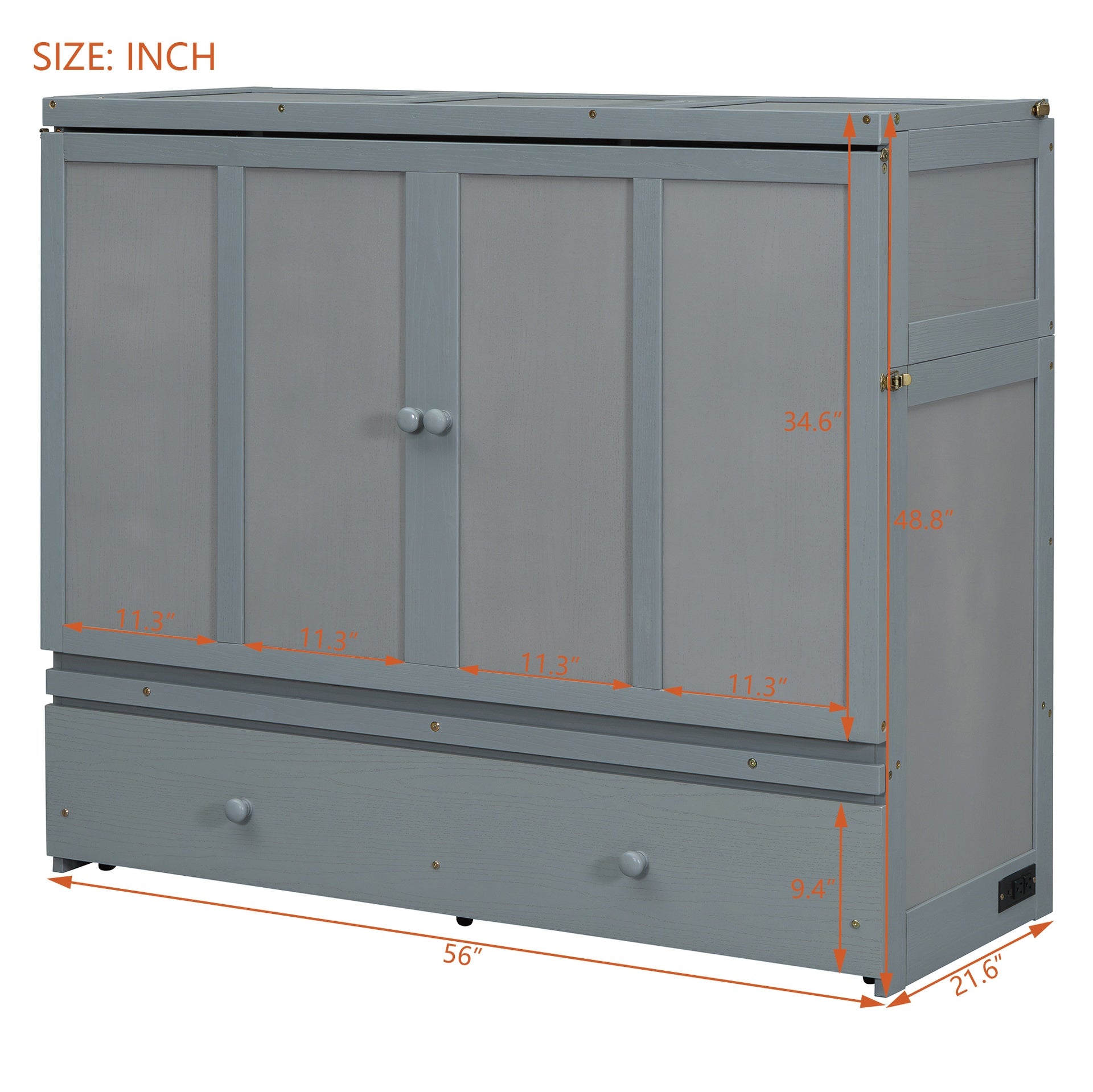 Full Size Murphy Bed with USB Port and a Large Drawer, Gray