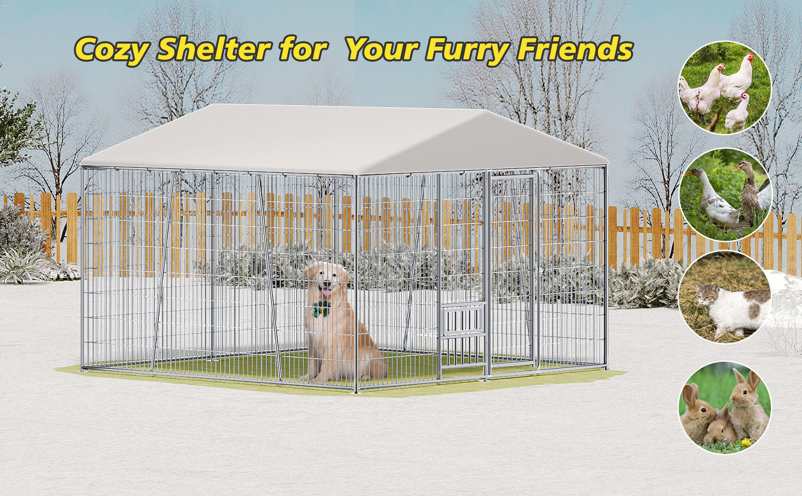 10 x 10-FT heavy-duty outdoor dog kennel with feeding bowl, full coverage waterproof roof, easy-to-assemble wire mesh fence with secure lock.