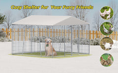 10 x 10-FT heavy-duty outdoor dog kennel with feeding bowl, full coverage waterproof roof, easy-to-assemble wire mesh fence with secure lock.