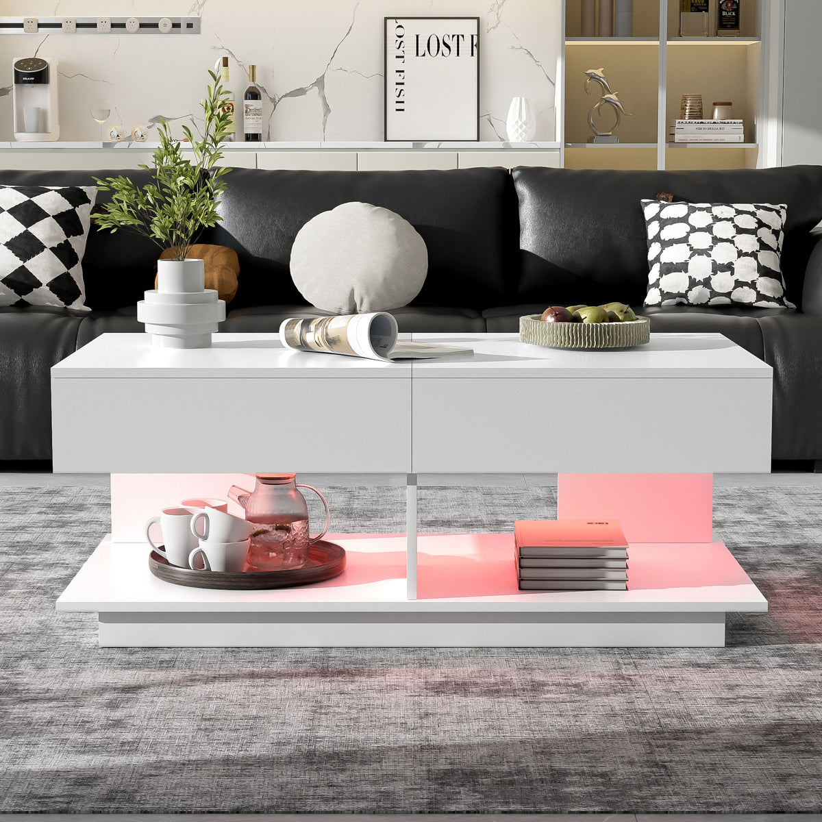 U-Can 41.3''-76.7'' Extendable Coffee Table, Efficient Central Coffee Table with Multiple Storage Compartments, Multifunctional Adjustable Coffee Table with Hidden Storage Space for Living Room