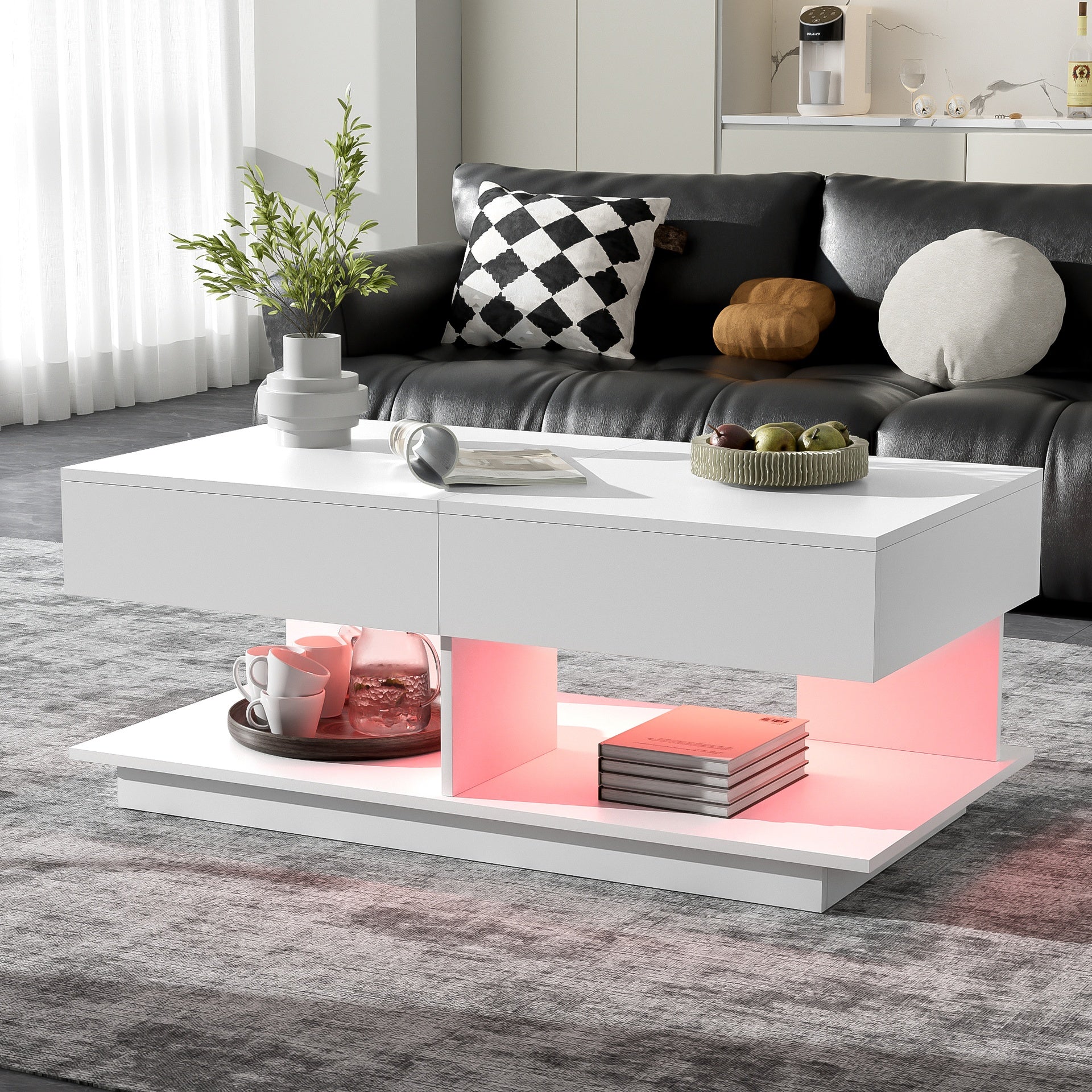 U-Can 41.3''-76.7'' Extendable Coffee Table, Efficient Central Coffee Table with Multiple Storage Compartments, Multifunctional Adjustable Coffee Table with Hidden Storage Space for Living Room